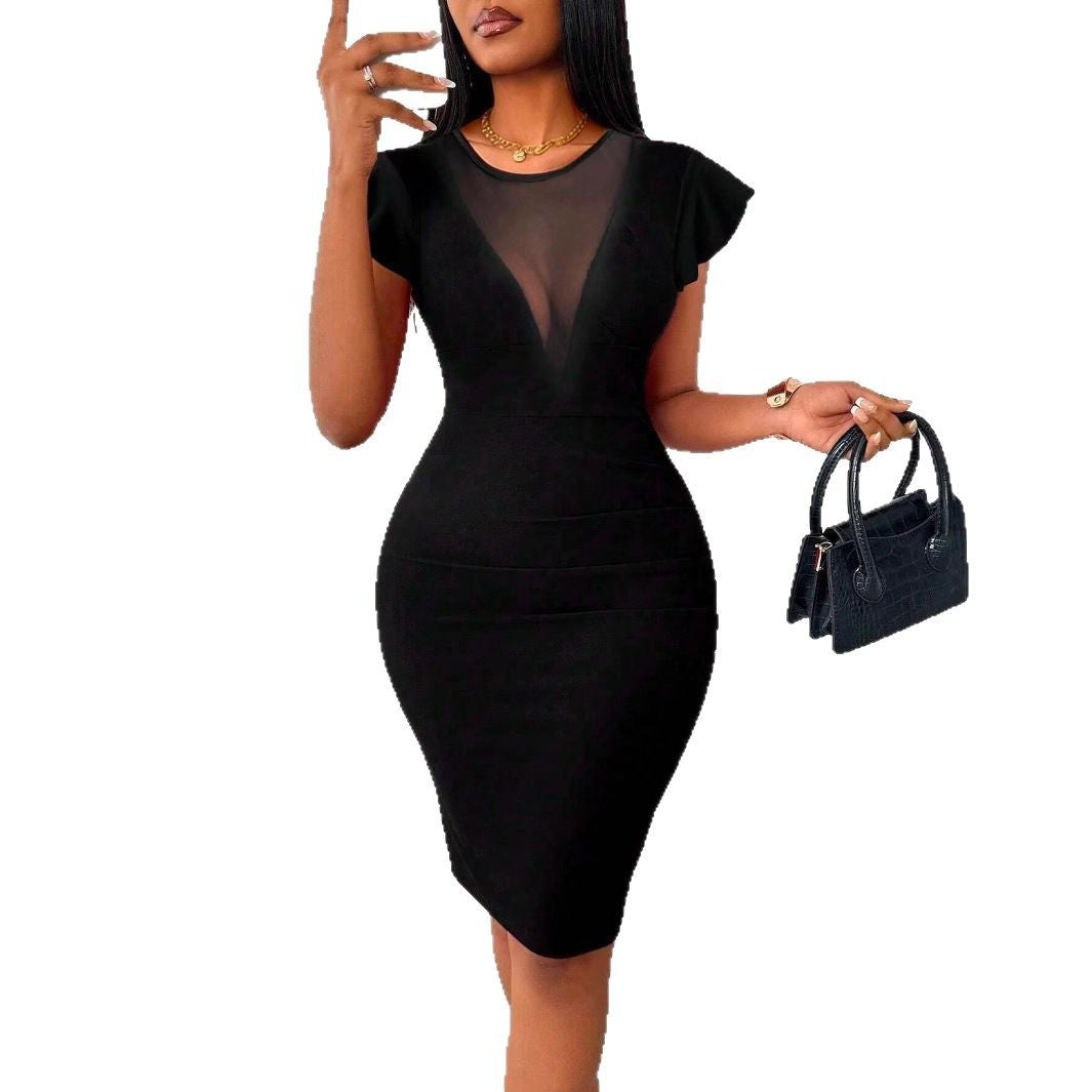 Women's fitted sheath dress with transparent V-net insert and ruffle sleeves Mune Fashion