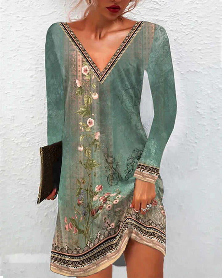 Women Floral V-Neck Tunic Dress with Border Print and Long Sleeves Mune Fashion