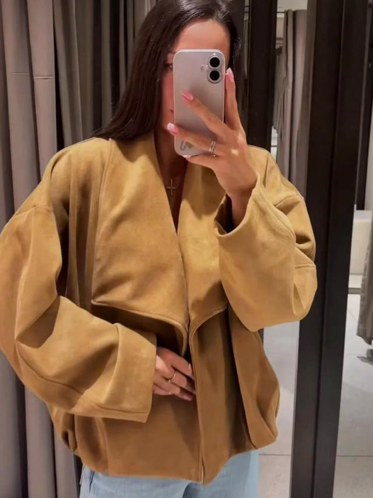 Womens Oversized Velvet Waterfall Jacket with boxy Cropped Silhouette and concealed Placket