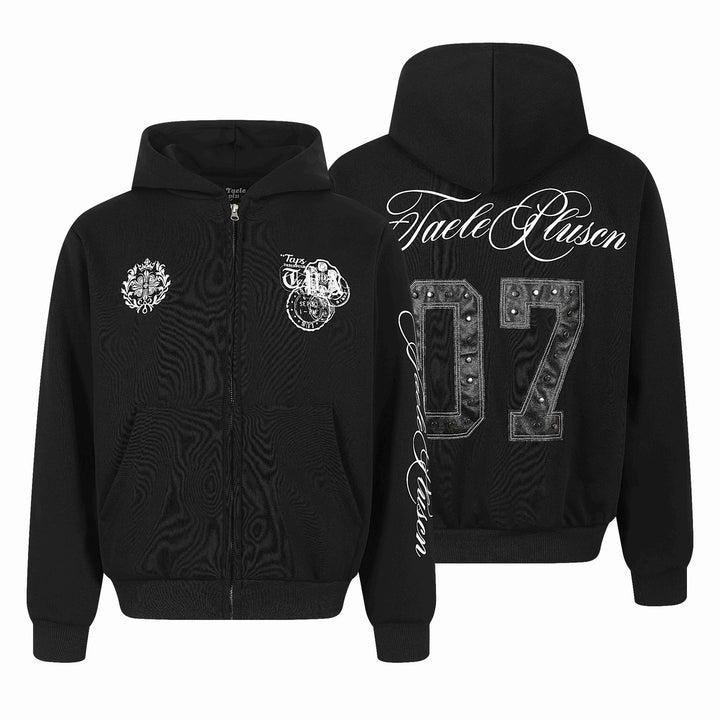 Unisex Hooded Sweat Jacket with Full Zip, Kangaroo Pocket and Ornamental Seal Prints Mune Fashion