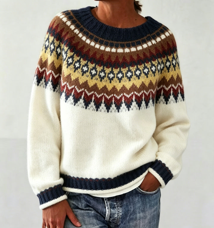 Women Round Neck Norwegian Sweater with Fair Isle Jacquard Mune Fashion