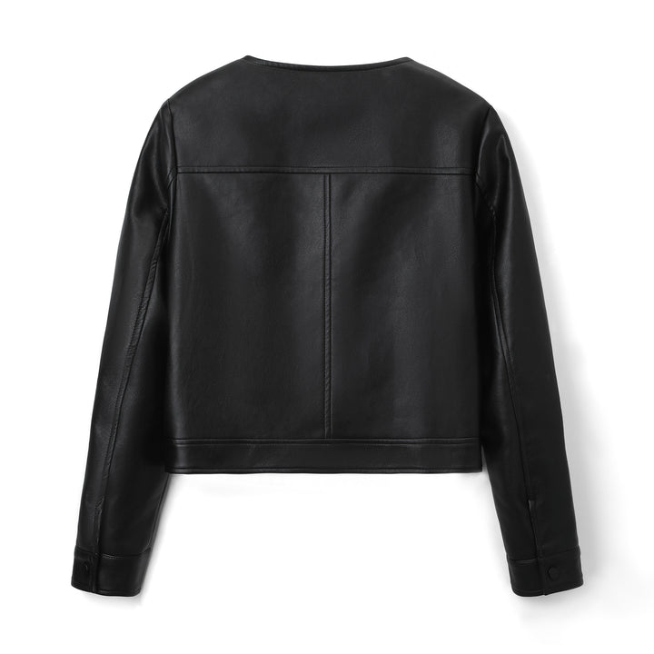 Women's short jacket made of faux leather with round neck, snap button closure and patch pockets Mune Fashion