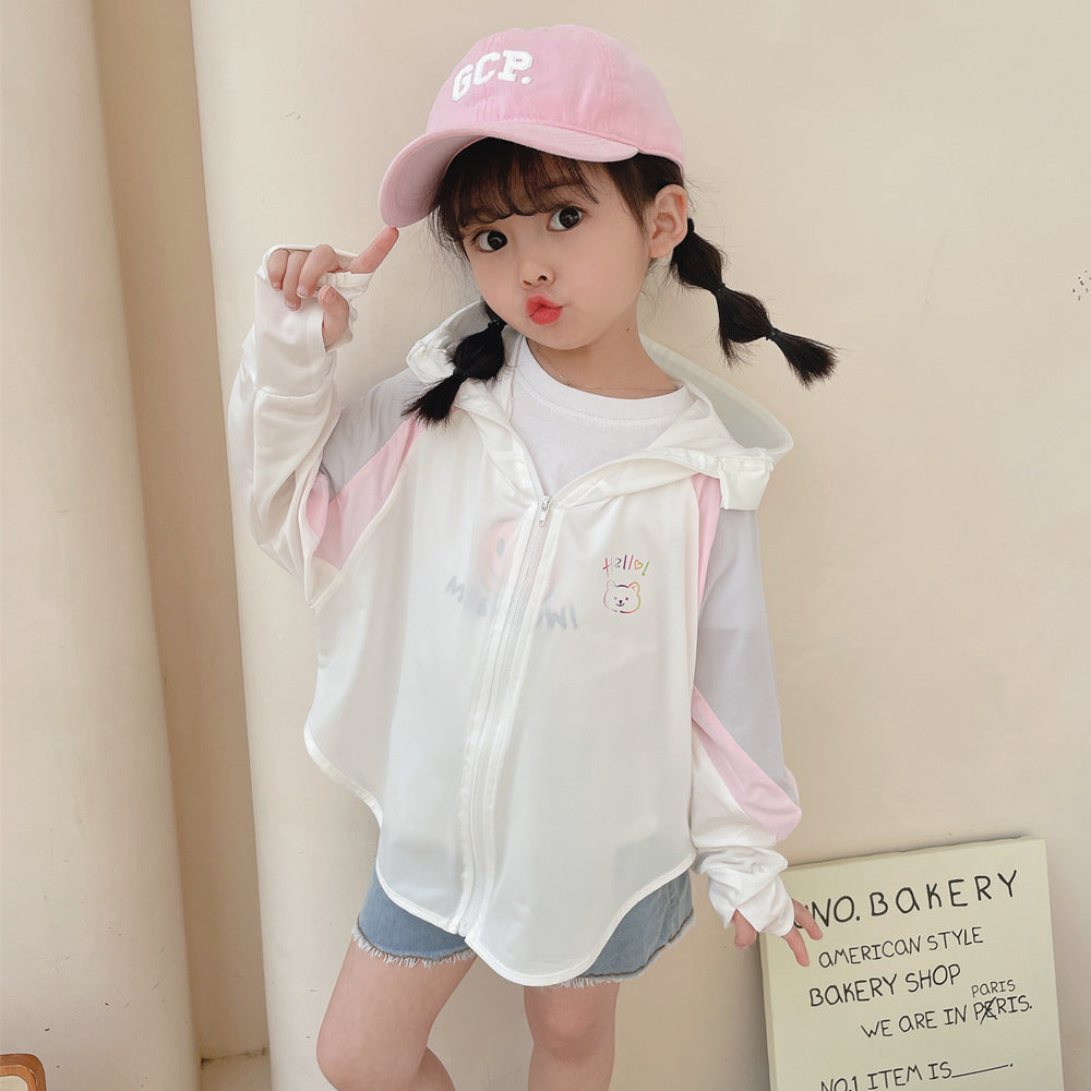 Unisex nan ultralight children's sun protection jacket with hood, zipper, mesh lining, and bear embroidery Mune Fashion