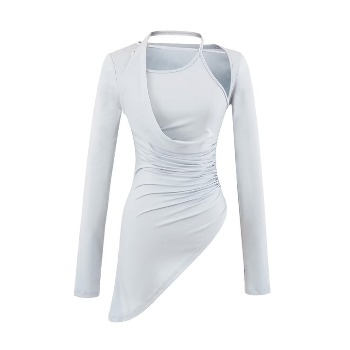 Women Fitted Long Sleeve Midi Dress with Asymmetrical Hem, Gathering and Halter Neck