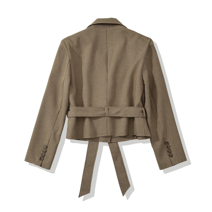 Women Cropped Blazer with Waist Belt, Houndstooth Pattern and Lapel Collar Mune Fashion