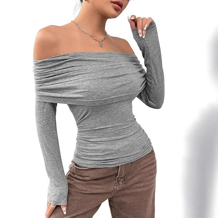 Women's Off-Shoulder Ribbed Long Sleeve with Wide Folded Collar and Fitted Silhouette Mune Fashion