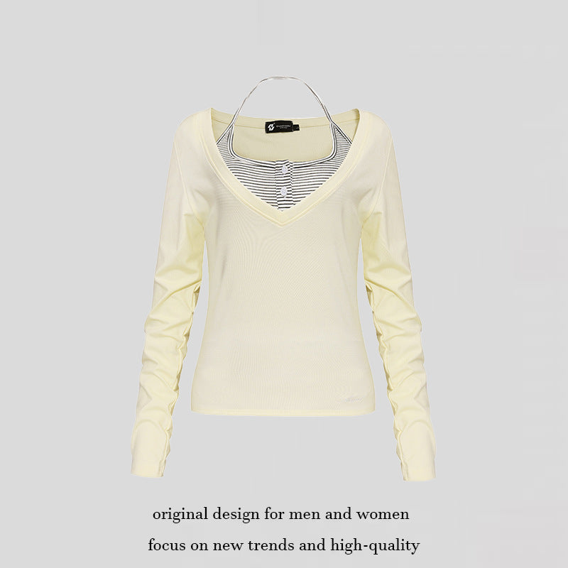 Women's long sleeve shirt with double layer effect, deep V-neck and striped insert Mune Fashion