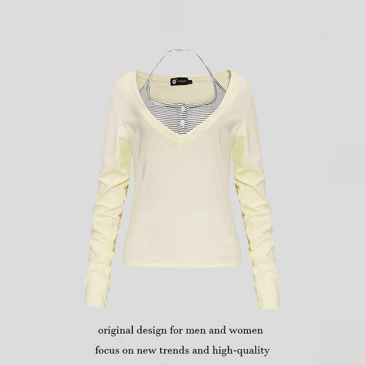 Women's long sleeve shirt with double layer effect, deep V-neck and striped insert Mune Fashion