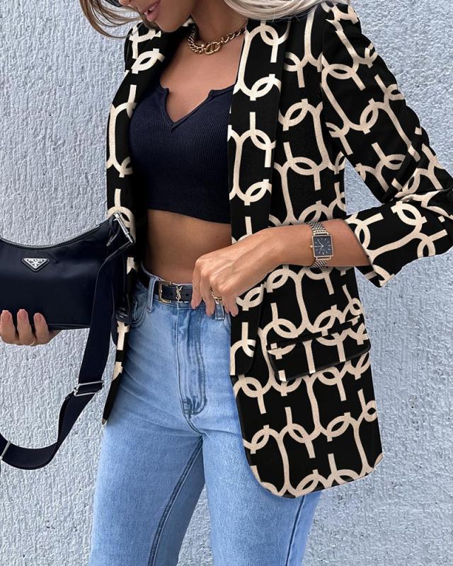 Women's patterned long blazer with chain pattern, tailored silhouette and flap pockets Mune Fashion