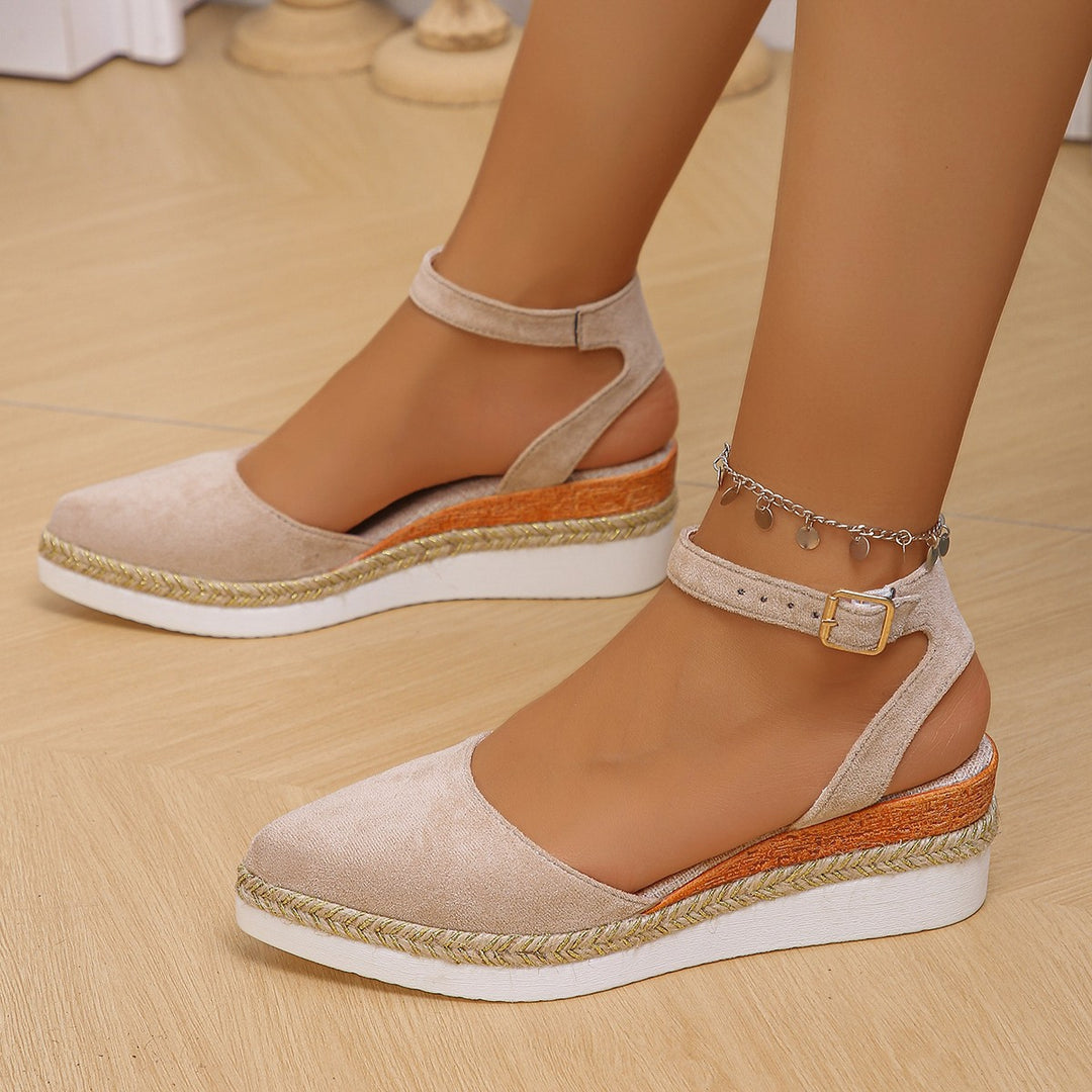 Women closed velour espadrille with wedge platform, adjustable ankle strap and braided base edge Mune Fashion