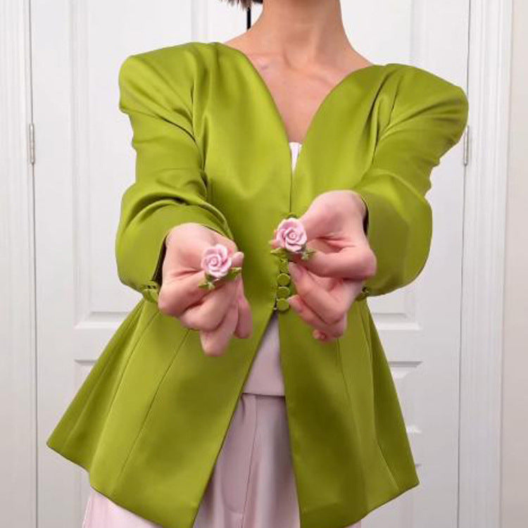 Women's Tailored Satin Blazer with Emphasized Peplum and Decorative Button Placket Mune Fashion