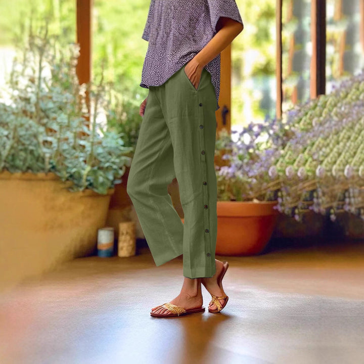 Women's Cropped Wide-Leg Button-Trim Linen-Blend Casual Pants Mune Fashion