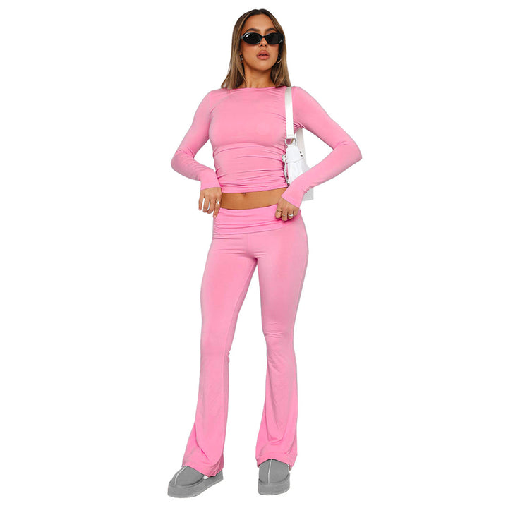 Women’s Stretch Lounge Set with cropped long sleeve top and flared high-waisted pants Mune Fashion