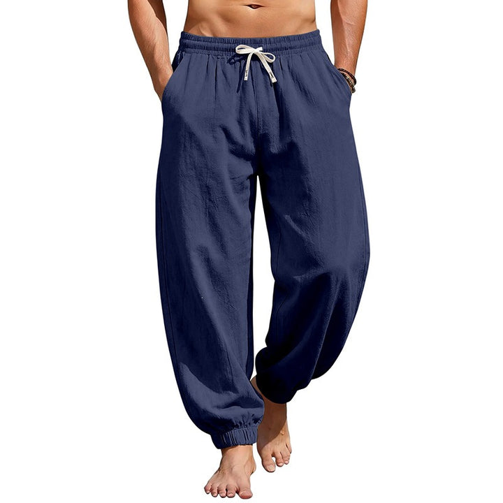 Men's relaxed harem pants made of linen blend with elastic drawstring waistband and gathered ankle closures Mune Fashion