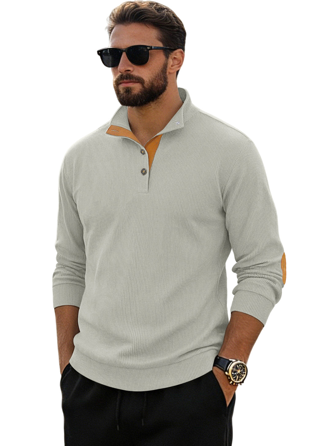 Men's fine ribbed knitted pullover with polo collar button placket and elbow patch Mune Fashion