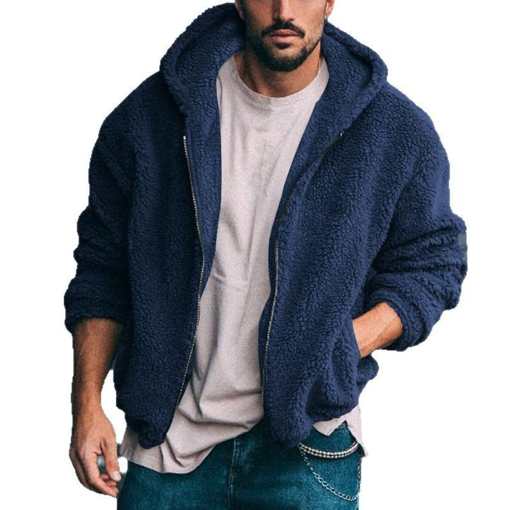 Men's Oversized Teddy-Fleece Hooded Jacket with Utility Arm Pocket, Front Zipper and Elastic Hem Mune Fashion