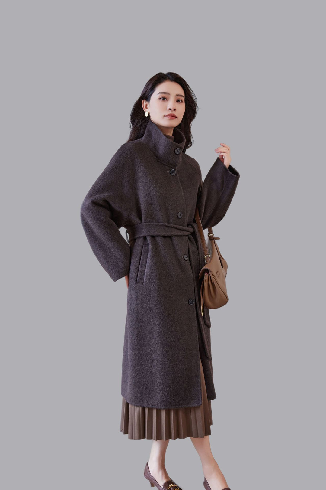 Women's Oversized Wool Coat with Stand-up Collar and Waist Belt Mune Fashion