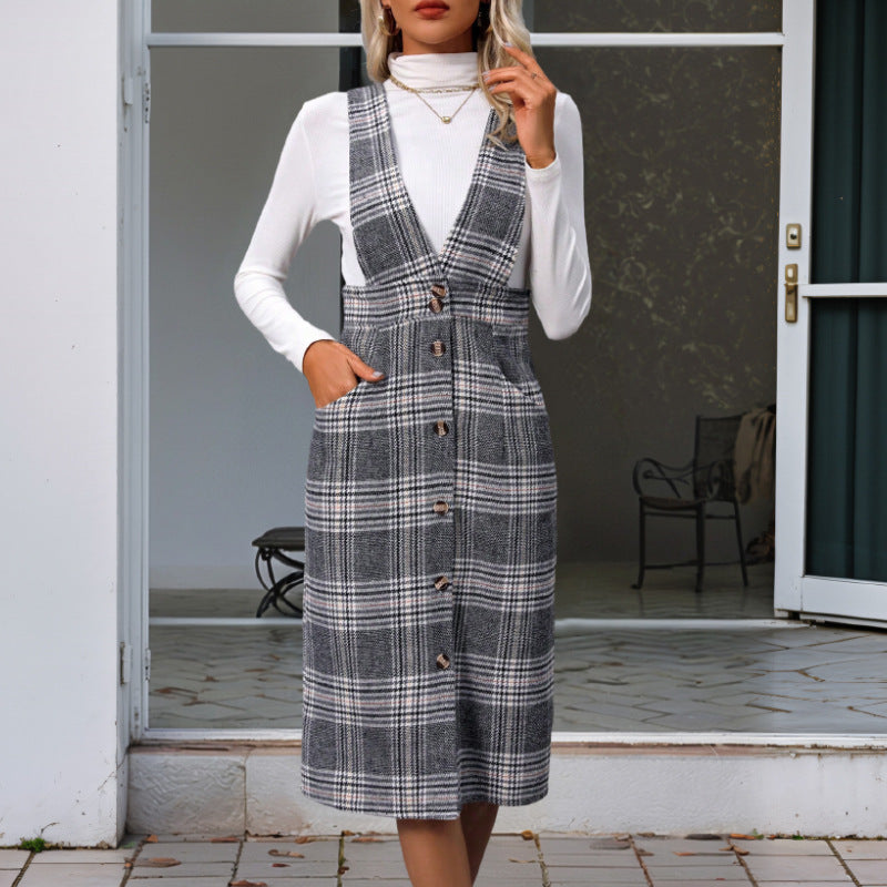 Women Elegant Check Wrap Dress Mune Fashion