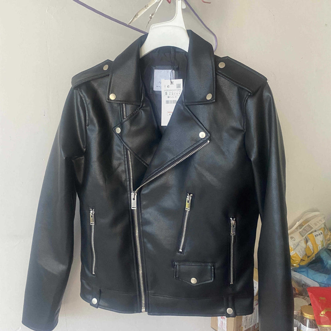 Women's biker jacket in vegan leather look with asymmetric zip front and shoulder flaps Mune Fashion