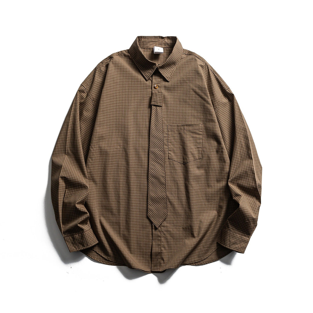 Men's Checkered Long Sleeve Shirt with Integrated Tie Placket Mune Fashion
