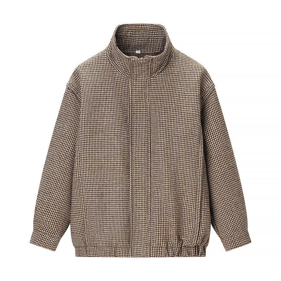 Ladies Short Boxy Transitional Jacket in Houndstooth with Stand-Up Collar and Elastic Hem Mune Fashion
