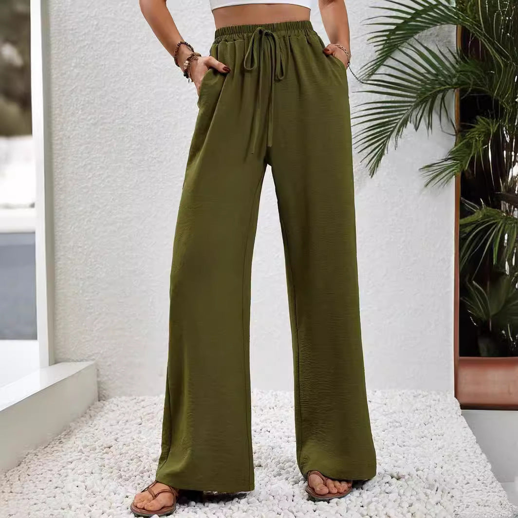 Women Wide Palazzo Pants with High Elastic Waistband, Drawstring and Side Pockets Mune Fashion