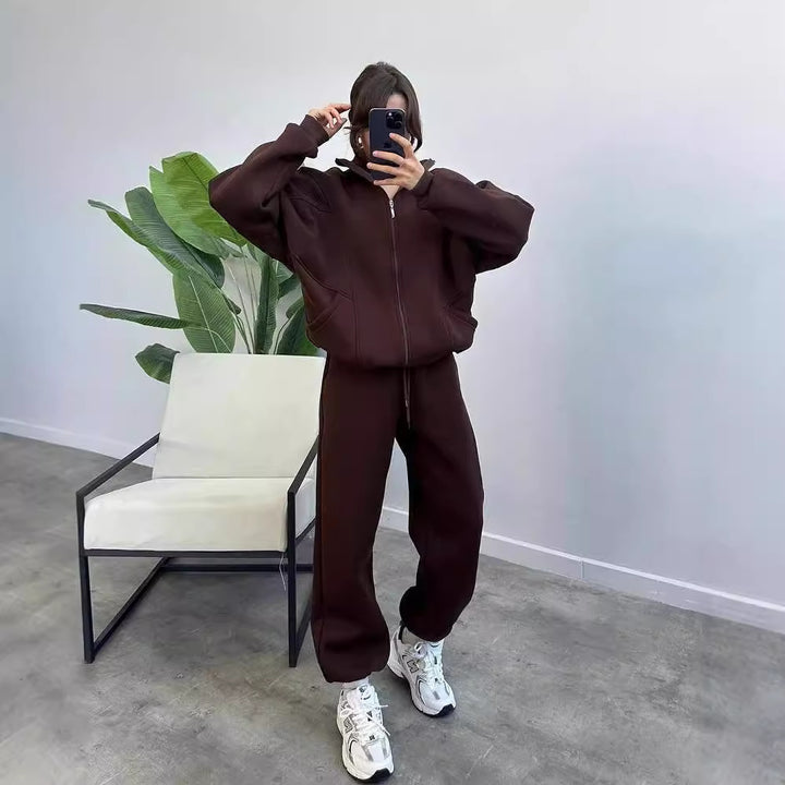 Women Oversized Fleece Set with Zipper Jacket and Loose Jogging Pants Mune Fashion