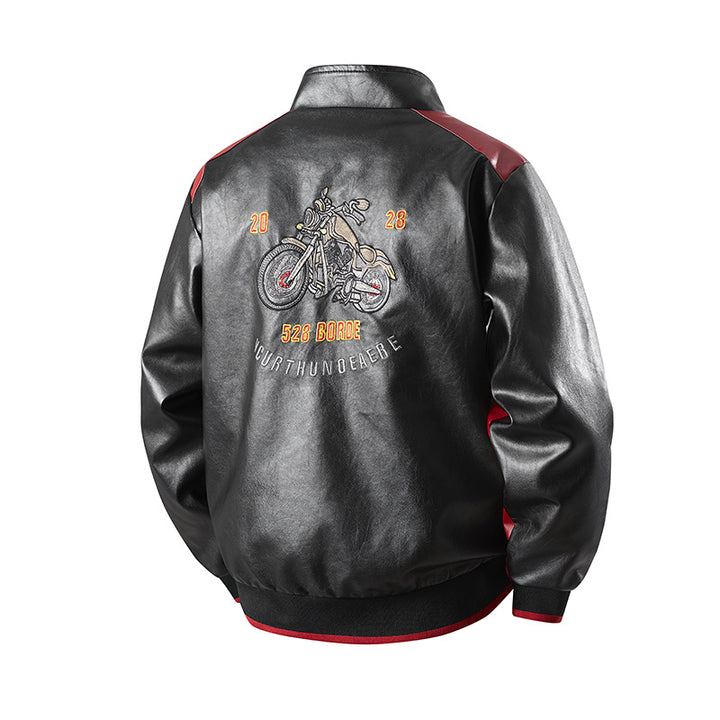 Men's stylish faux leather blouson with embroidered emblems and contrasting side panels Mune Fashion
