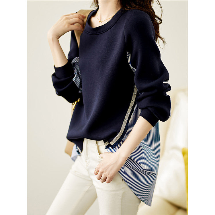 Ladies' layered look sweatshirt with striped shirt hem, decorative strips, and extended back Mune Fashion