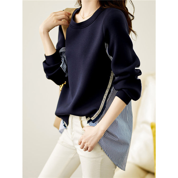 Ladies' layered look sweatshirt with striped shirt hem, decorative strips, and extended back Mune Fashion