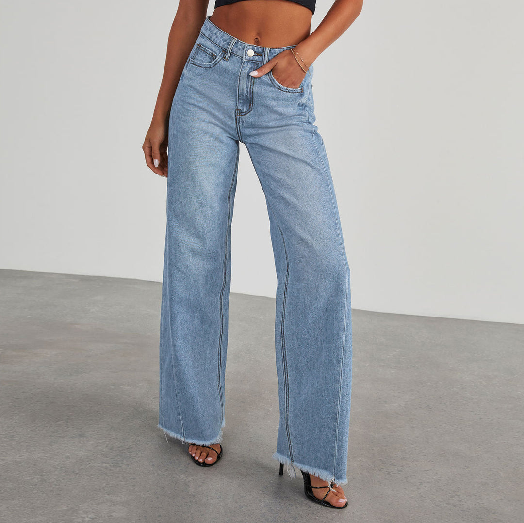 Women's high-waisted wide-leg jeans with raw fringe hem and straight leg Mune Fashion