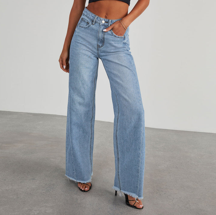 Women's high-waisted wide-leg jeans with raw fringe hem and straight leg Mune Fashion