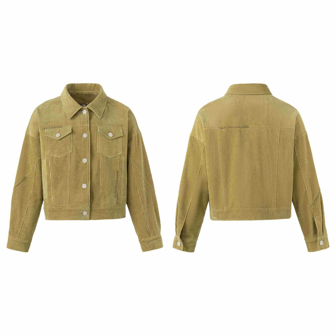 Women's short-cut cord trucker jacket in boxy cut with flap pockets Mune Fashion