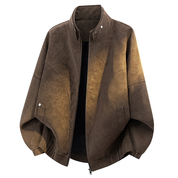 Men's Oversized Velvet-Optic Bomber Jacket with High Stand-Up Collar, Asymmetrical Chest Yoke & Elastic Hem Mune Fashion