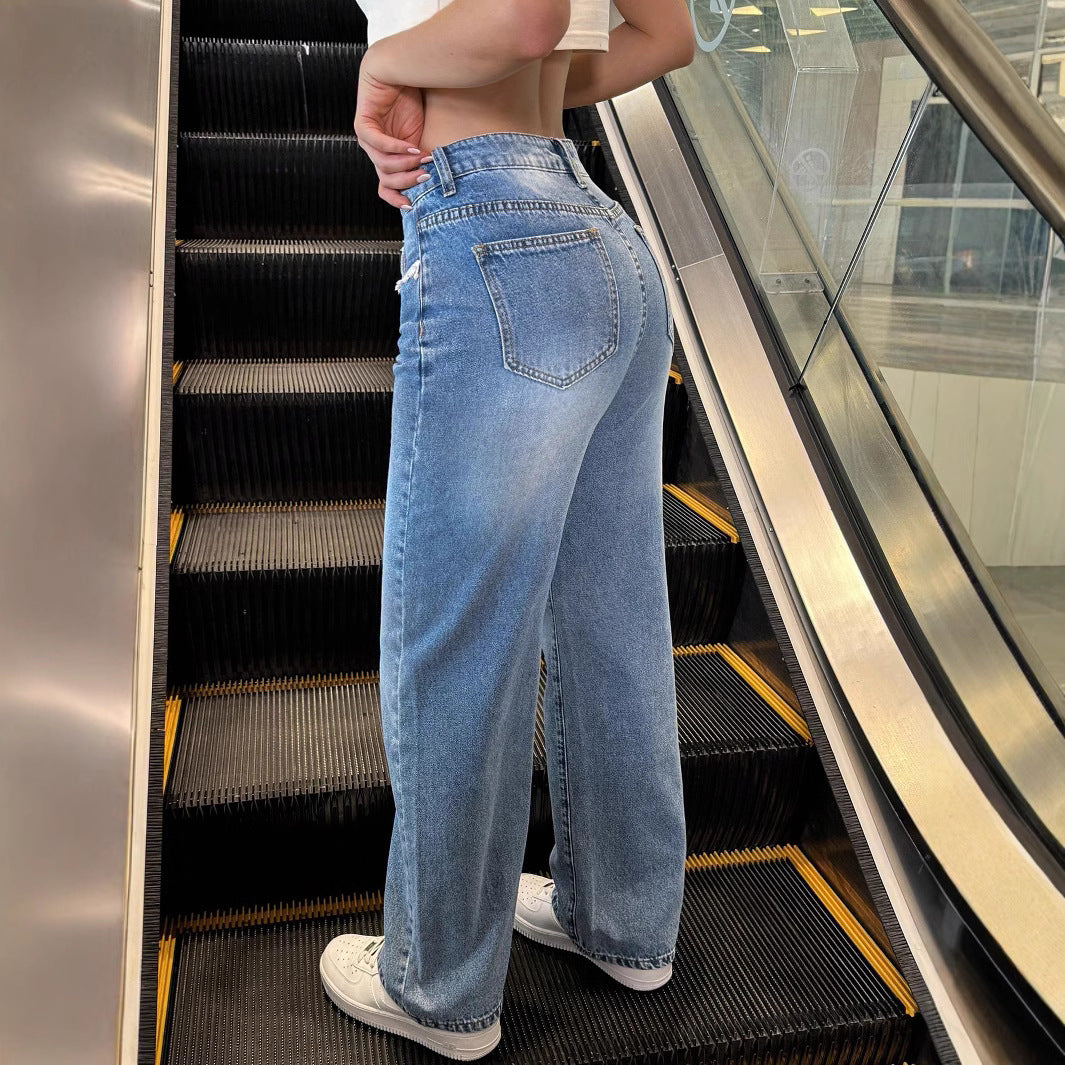 Ladies high-waisted wide jeans pants with straight leg and lace trim Mune Fashion