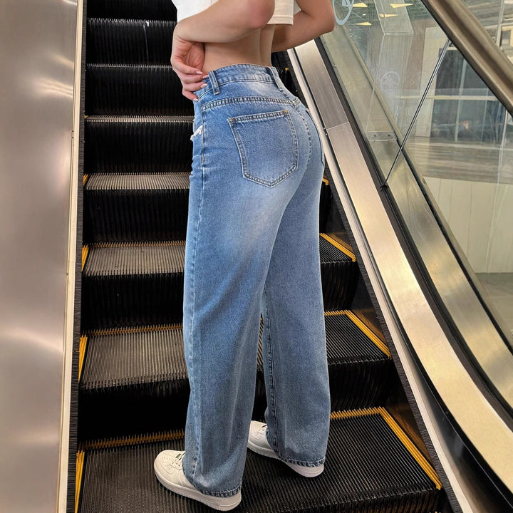 Ladies high-waisted wide jeans pants with straight leg and lace trim Mune Fashion