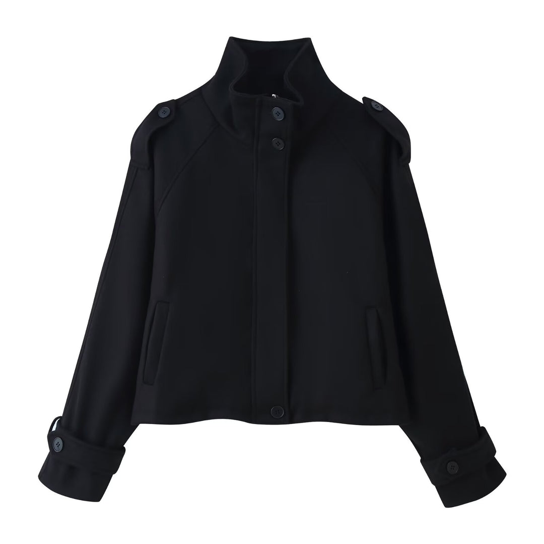Women's short wool jacket with stand-up collar, shoulder flaps, concealed button placket, and adjustable cuffs Mune Fashion