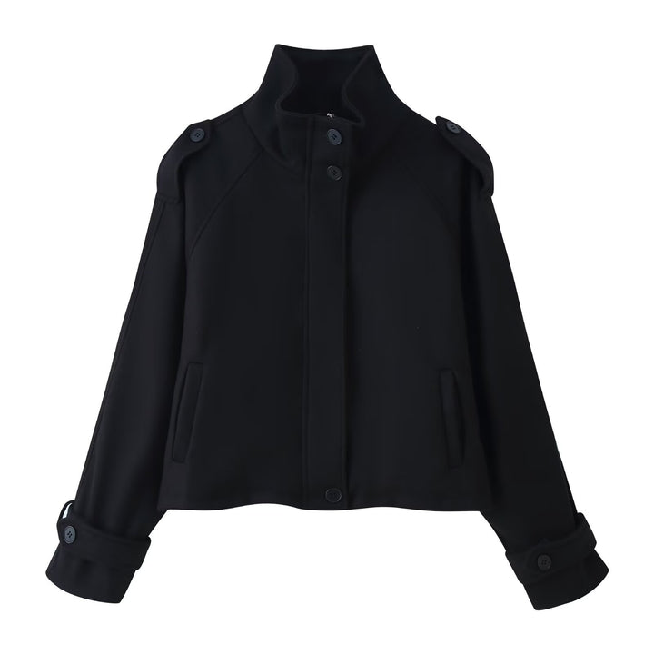 Women's short wool jacket with stand-up collar, shoulder flaps, concealed button placket, and adjustable cuffs Mune Fashion