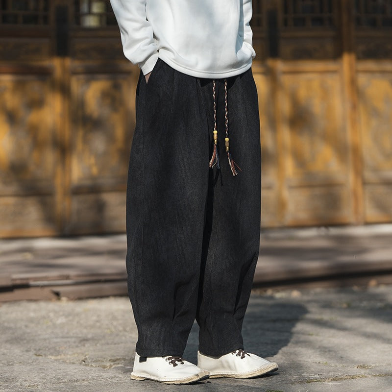 Men's Wide Cut Corduroy Trousers with Drawstring, Pleats and Relaxed Fit Mune Fashion