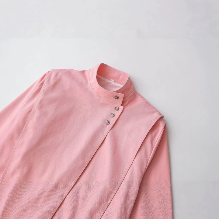 Women's Asymmetric Short Jacket with Stand-Up Collar and Overlapping Shoulder Yoke Mune Fashion