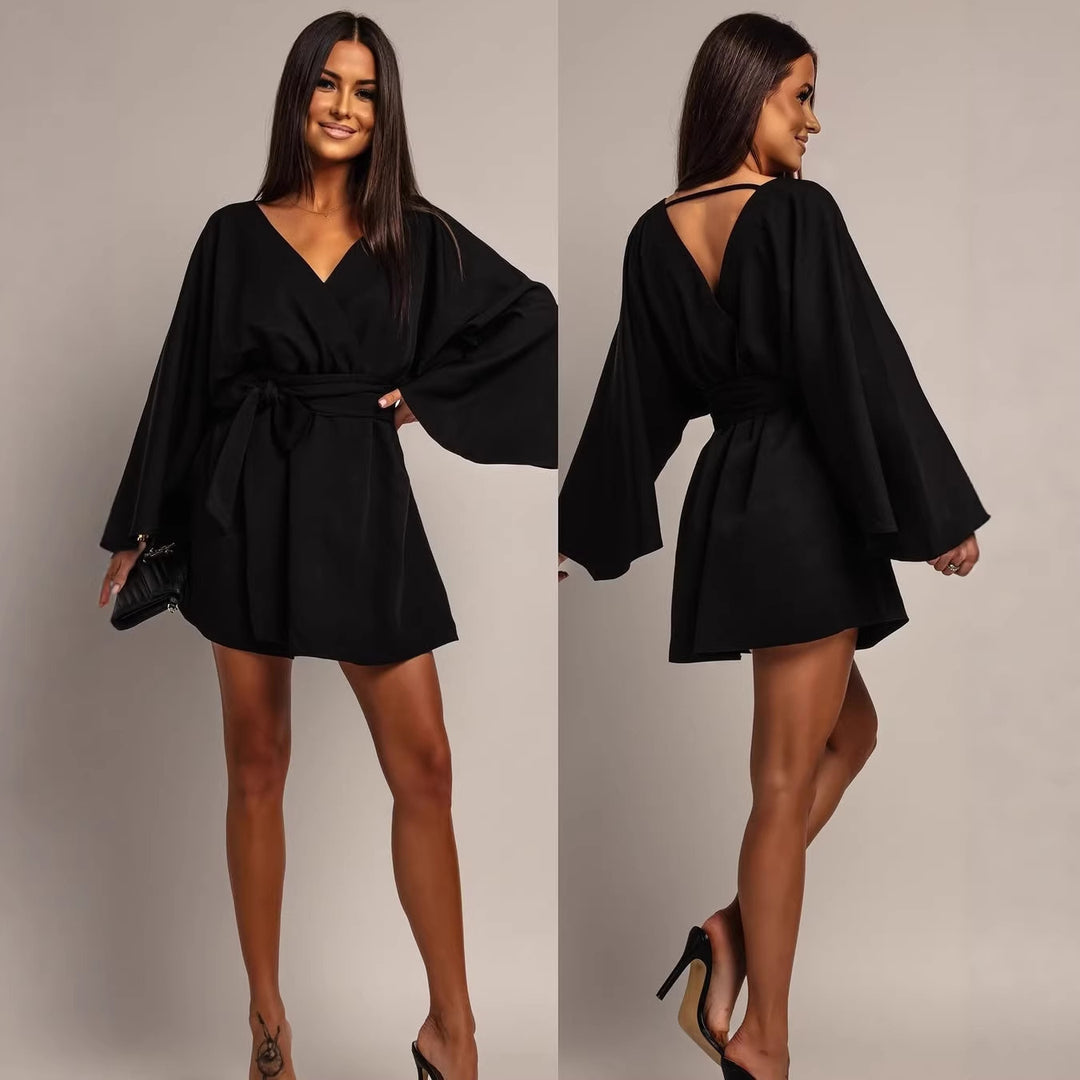 Women's Wrap Mini Dress with Kimono Sleeves and Waist Belt Mune Fashion