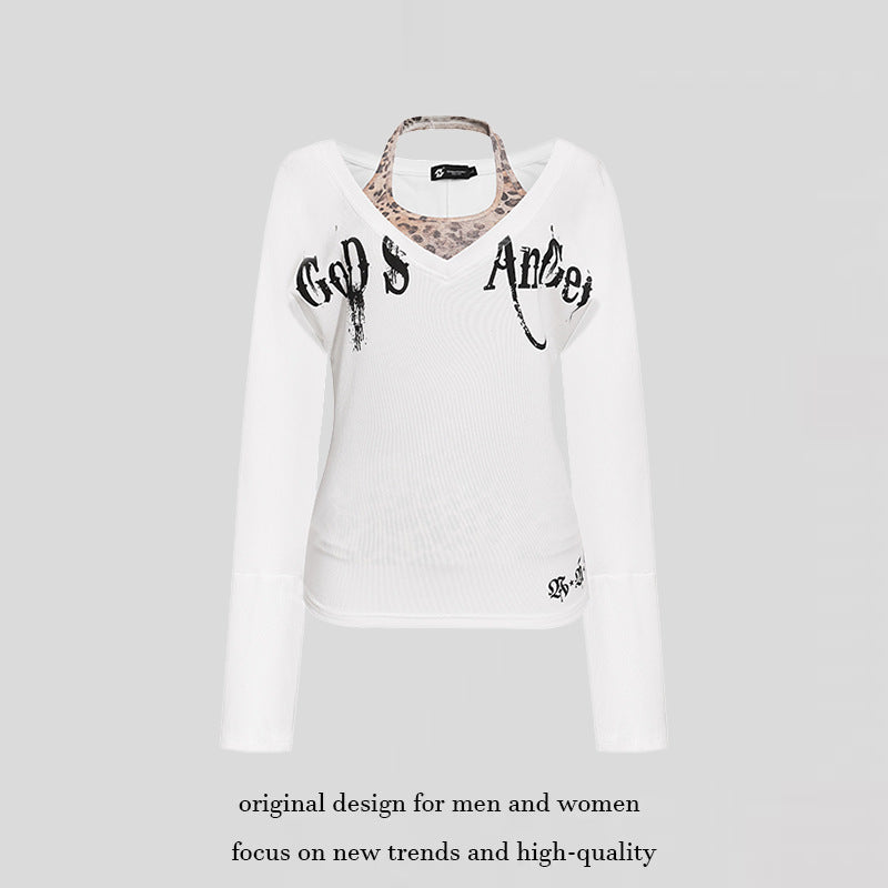 Women's Layered Long Sleeve Shirt with Integrated Halter Neck and Vintage Graphic Mune Fashion