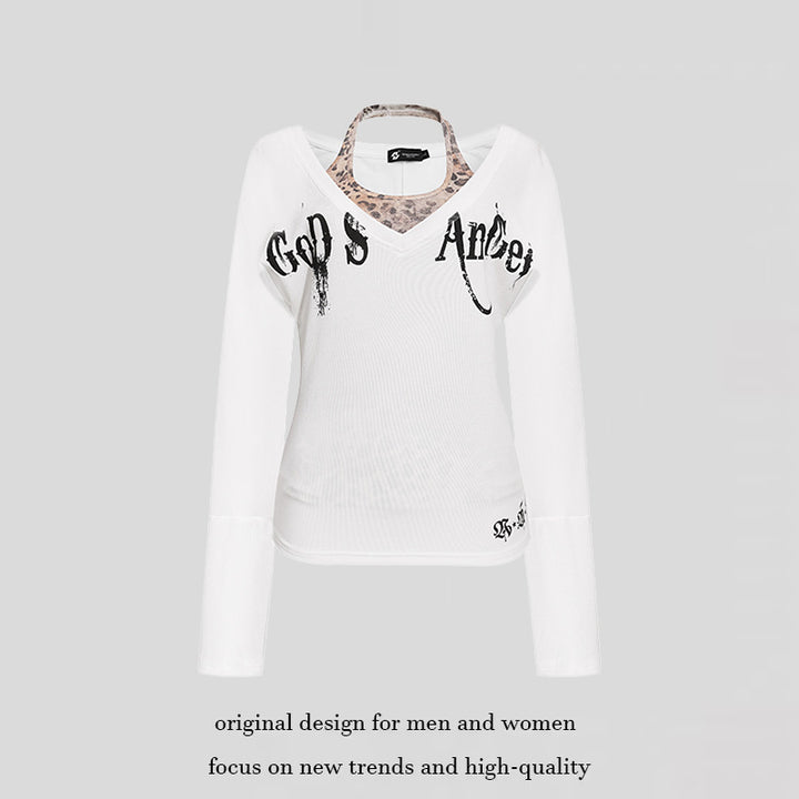 Women's Layered Long Sleeve Shirt with Integrated Halter Neck and Vintage Graphic Mune Fashion