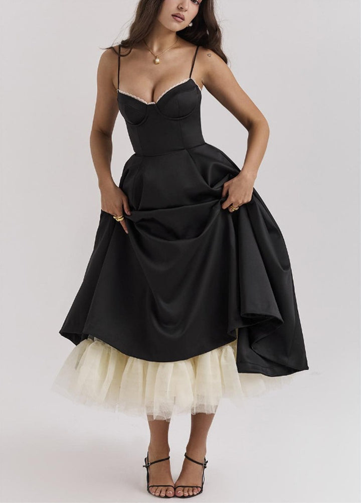 Women's tailored retro-inspired midi dress with corset underbust seams, flared skirt, and side pockets Mune Fashion