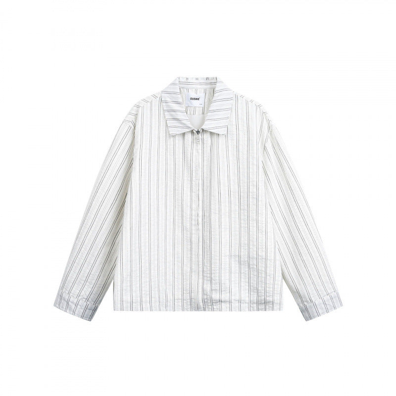 Unisex Striped Overshirt Jacket with Shirt Collar and Concealed Zipper Mune Fashion