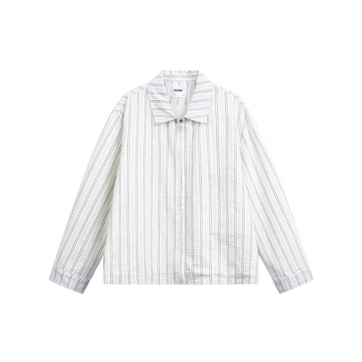 Unisex Striped Overshirt Jacket with Shirt Collar and Concealed Zipper Mune Fashion