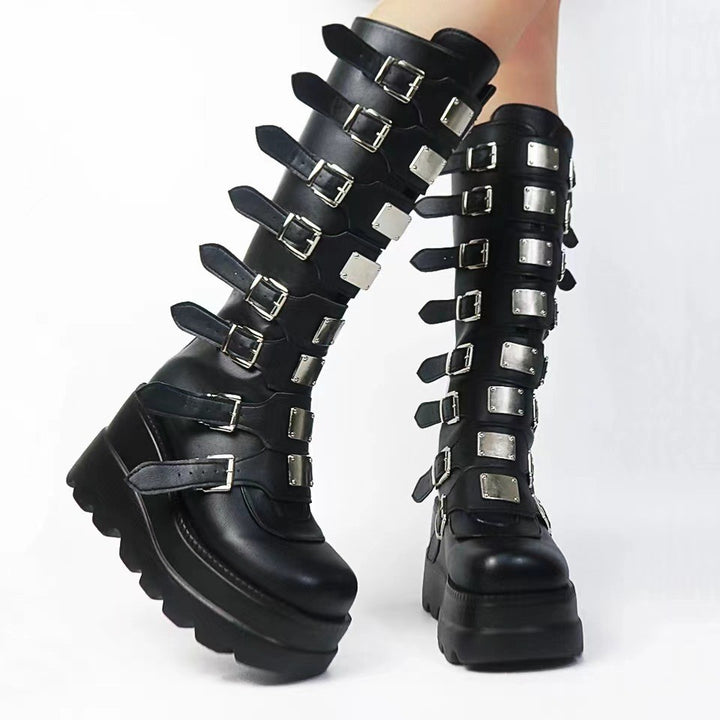 Women's platform knee-high gothic biker boots with multiple buckles and metal plates Mune Fashion