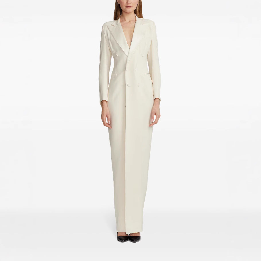 Women’s Long Tuxedo Jacket Dress with Fitted Cut and Leg Slit Mune Fashion