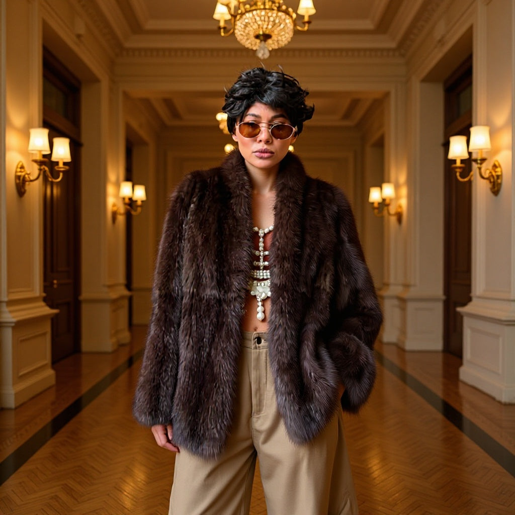 Ladies short fur coat with kimono sleeves and stand-up collar Mune Fashion