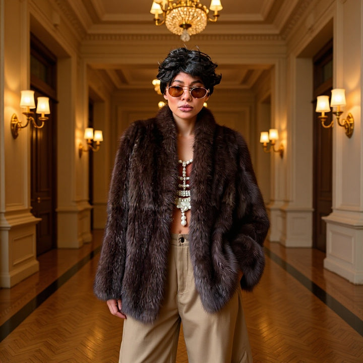 Ladies short fur coat with kimono sleeves and stand-up collar Mune Fashion